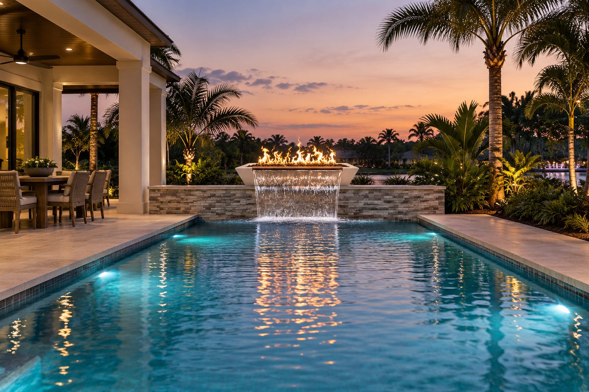 72" x 20" Linear Maya Fire & Water Bowl - GFRC by The Outdoor Plus, installed on a raised pool wall