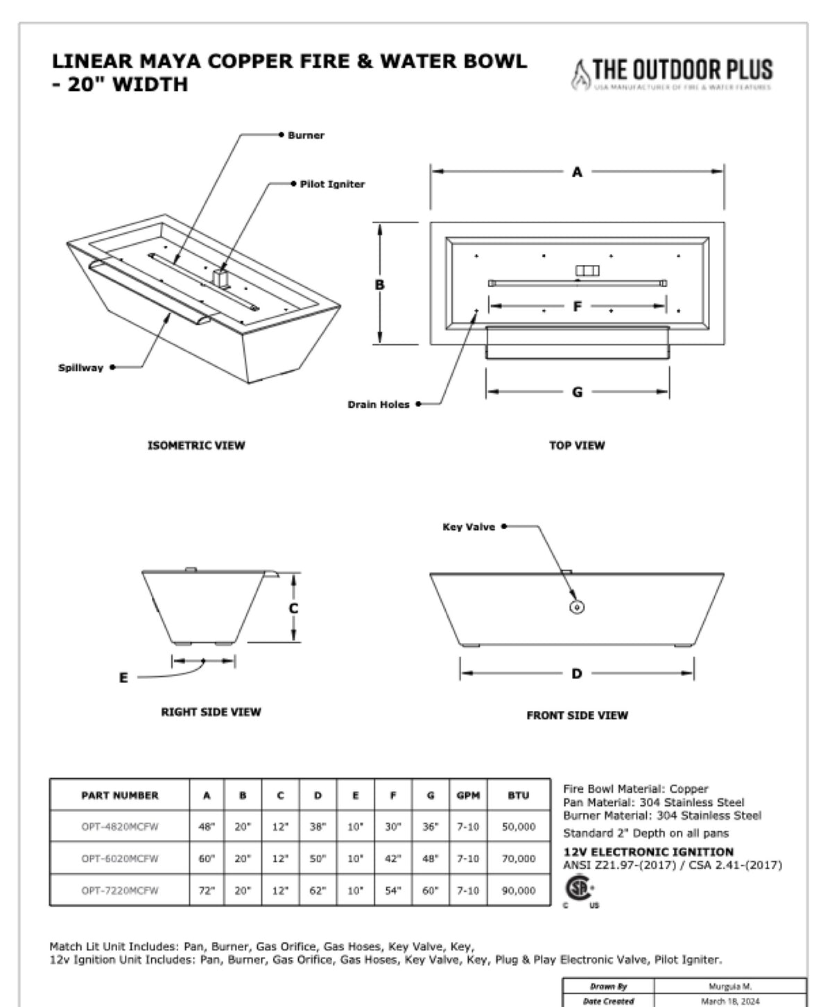72" x 20" Linear Maya Fire & Water Bowl - Powder Coat dimension drawing from The Outdoor Plus spec sheet
