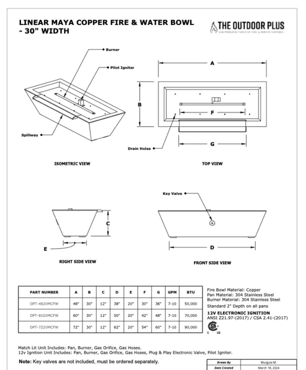 72" x 30" Linear Maya Fire & Water Bowl - Hammered Copper dimension drawing from The Outdoor Plus spec sheet