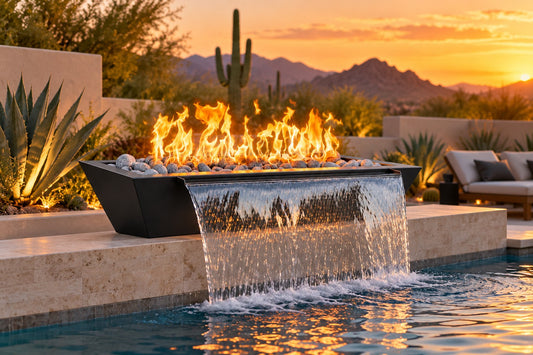 72" x 30" Linear Maya Fire & Water Bowl - Powder Coat by The Outdoor Plus, matte black finish in a luxury pool setting