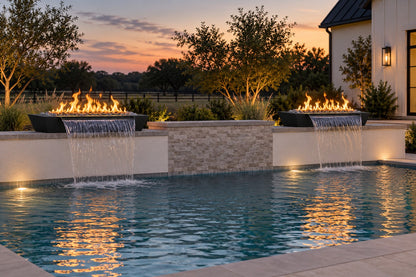 72" x 30" Linear Maya Fire & Water Bowl - Powder Coat by The Outdoor Plus, pair installed on a pool wall