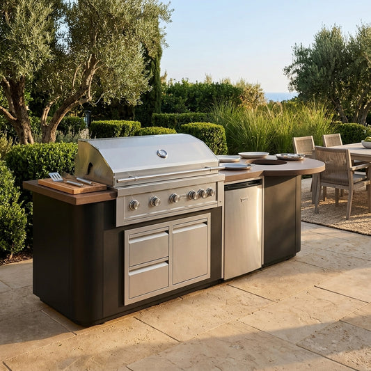 Luxe 112I Outdoor Kitchen with Grill - BBQ Island – firepit lifestyle | Lifestyle