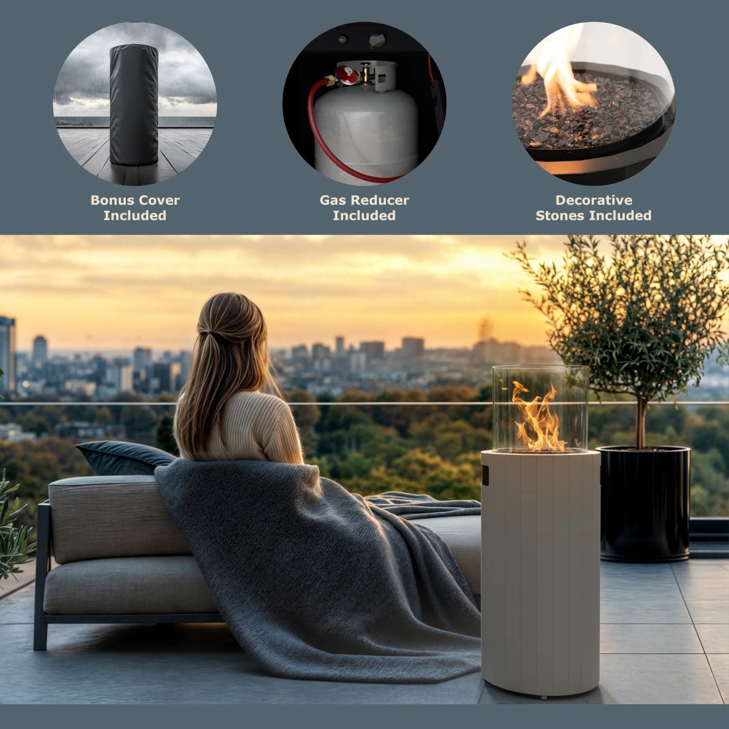 Freestanding Propane Outdoor Gas Fireplace – Compact 360° Fire Column | Planika Bino | 27,300 BTU – silk gray flame
