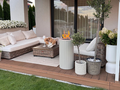 Freestanding Propane Outdoor Gas Fireplace – Compact 360° Fire Column | Planika Bino | 27,300 BTU – silk gray flame