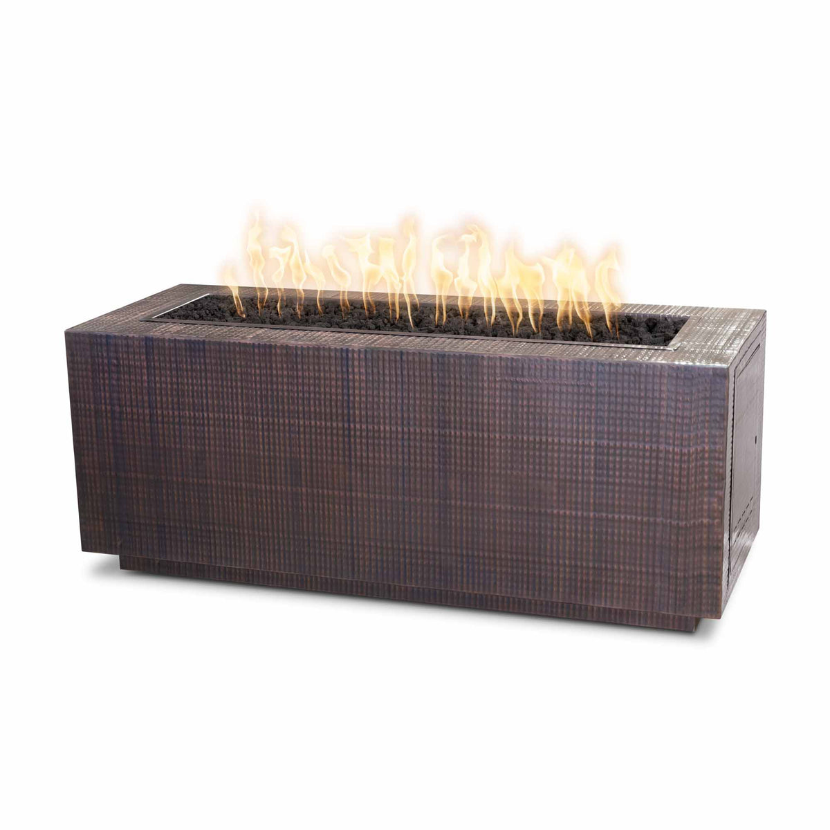 Pismo 60 inch rectangular metal gas fire pit in corten, hammered copper or stainless steel by The Outdoor Plus
