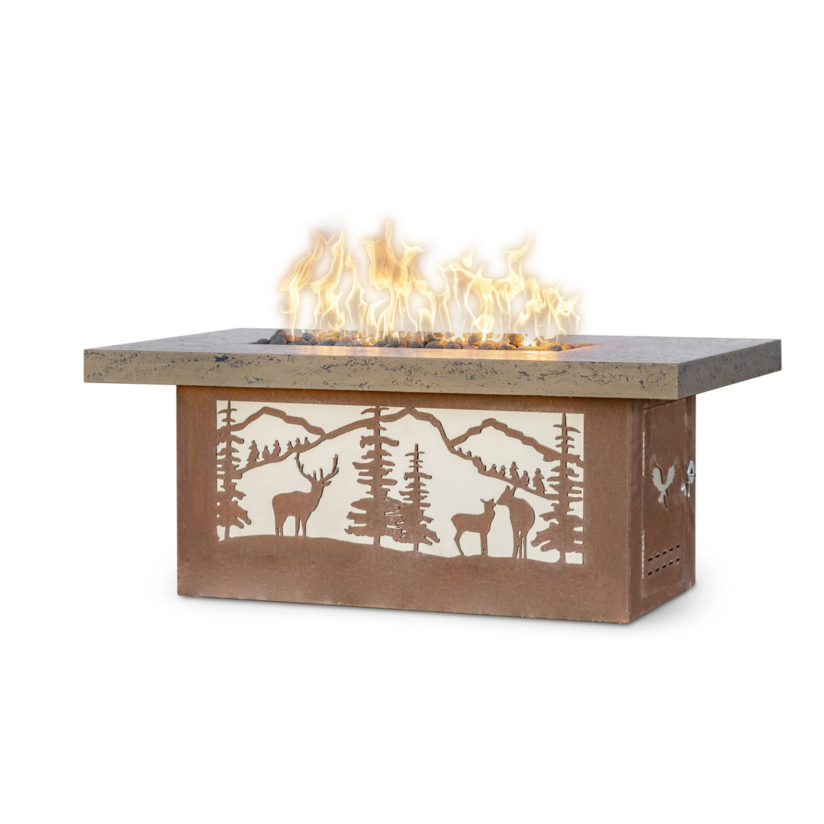Rectangle Outback 60 inch Deer Country gas fire table with GFRC top and laser-cut corten steel base by The Outdoor Plus