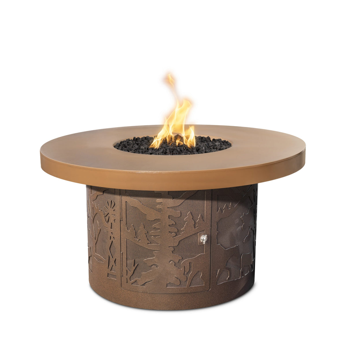 Round Outback 46 inch gas fire pit with GFRC top and Cattle Ranch corten steel base by The Outdoor Plus