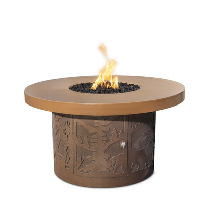 Round Outback 46 inch gas fire pit with GFRC top and Cattle Ranch corten steel base by The Outdoor Plus
