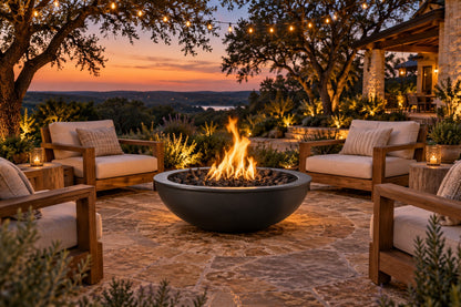 48" diameter x 16" H Sedona Fire Bowl - Powder Coat by The Outdoor Plus, black finish in a luxury patio setting