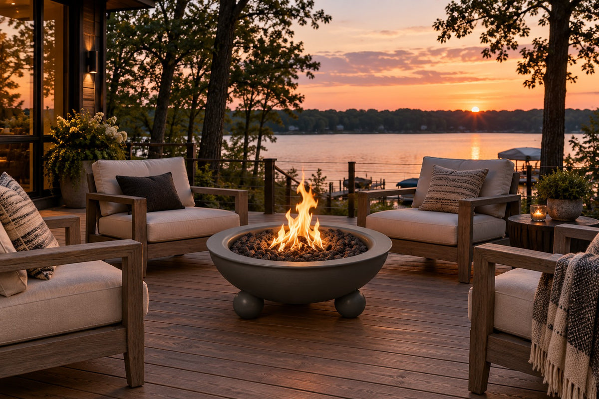 48" diameter Sedona Fire Bowl with Rounded Legs - Powder Coat by The Outdoor Plus, graphite gray on a lake house deck