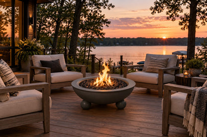 48" diameter Sedona Fire Bowl with Rounded Legs - Powder Coat by The Outdoor Plus, graphite gray on a lake house deck