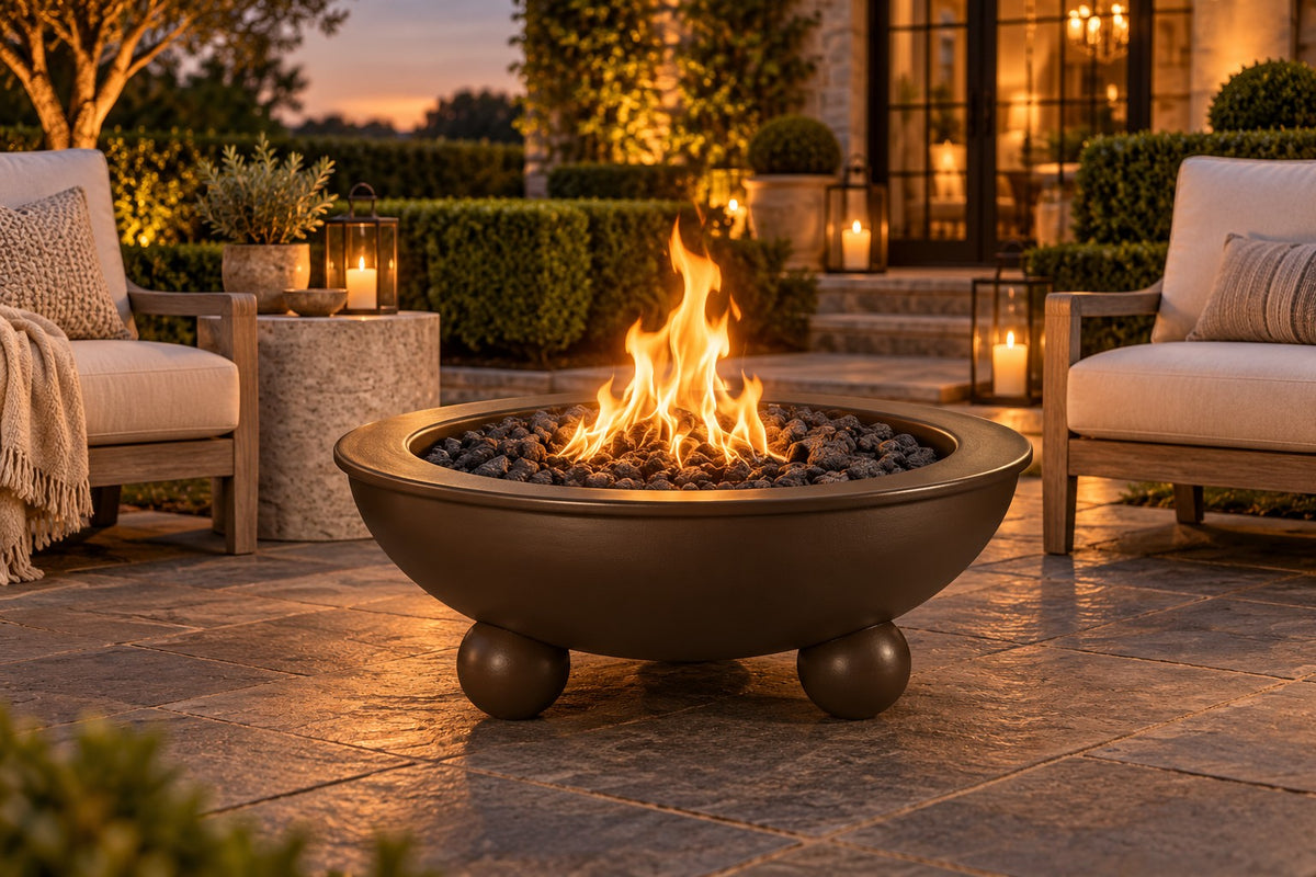 48" diameter Sedona Fire Bowl with Rounded Legs - Powder Coat by The Outdoor Plus, java finish in a luxury patio setting