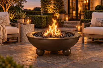 48" diameter Sedona Fire Bowl with Rounded Legs - Powder Coat by The Outdoor Plus, java finish in a luxury patio setting