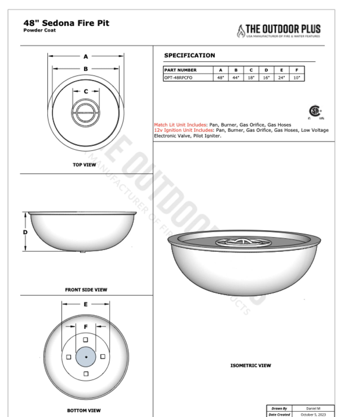 48" diameter x 16" H Sedona Fire Bowl - Powder Coat dimension drawing from The Outdoor Plus spec sheet