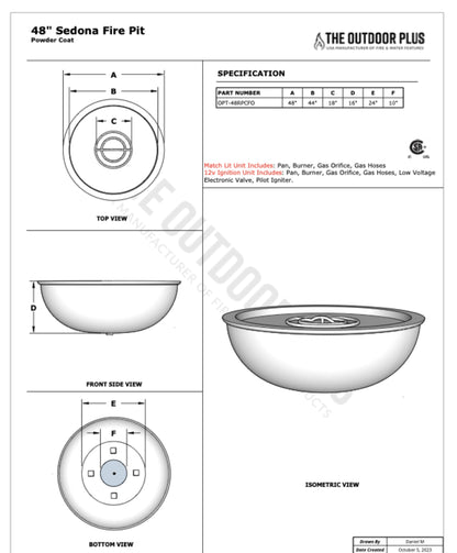 48" diameter x 16" H Sedona Fire Bowl - Powder Coat dimension drawing from The Outdoor Plus spec sheet