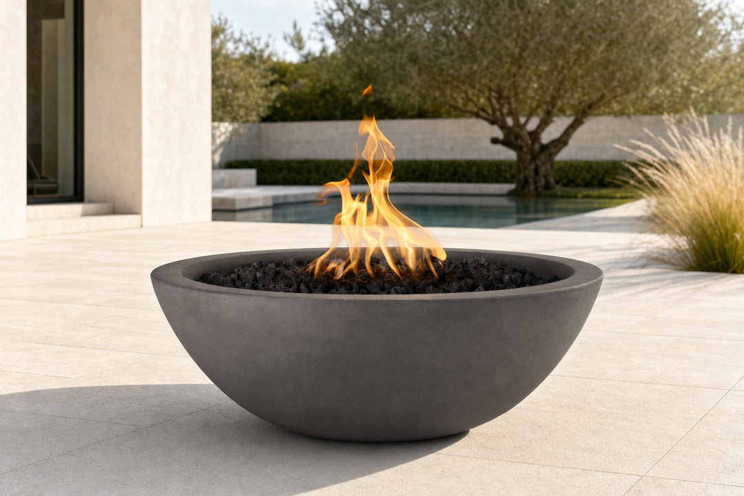 Sedona Fire Bowl in Chestnut GFRC Concrete in an outdoor patio setting