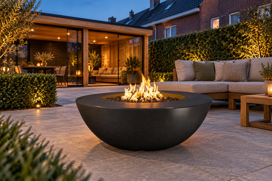 Sedona Fire Pit Wide Ledge GFRC Concrete by The Outdoor Plus in a garden setting
