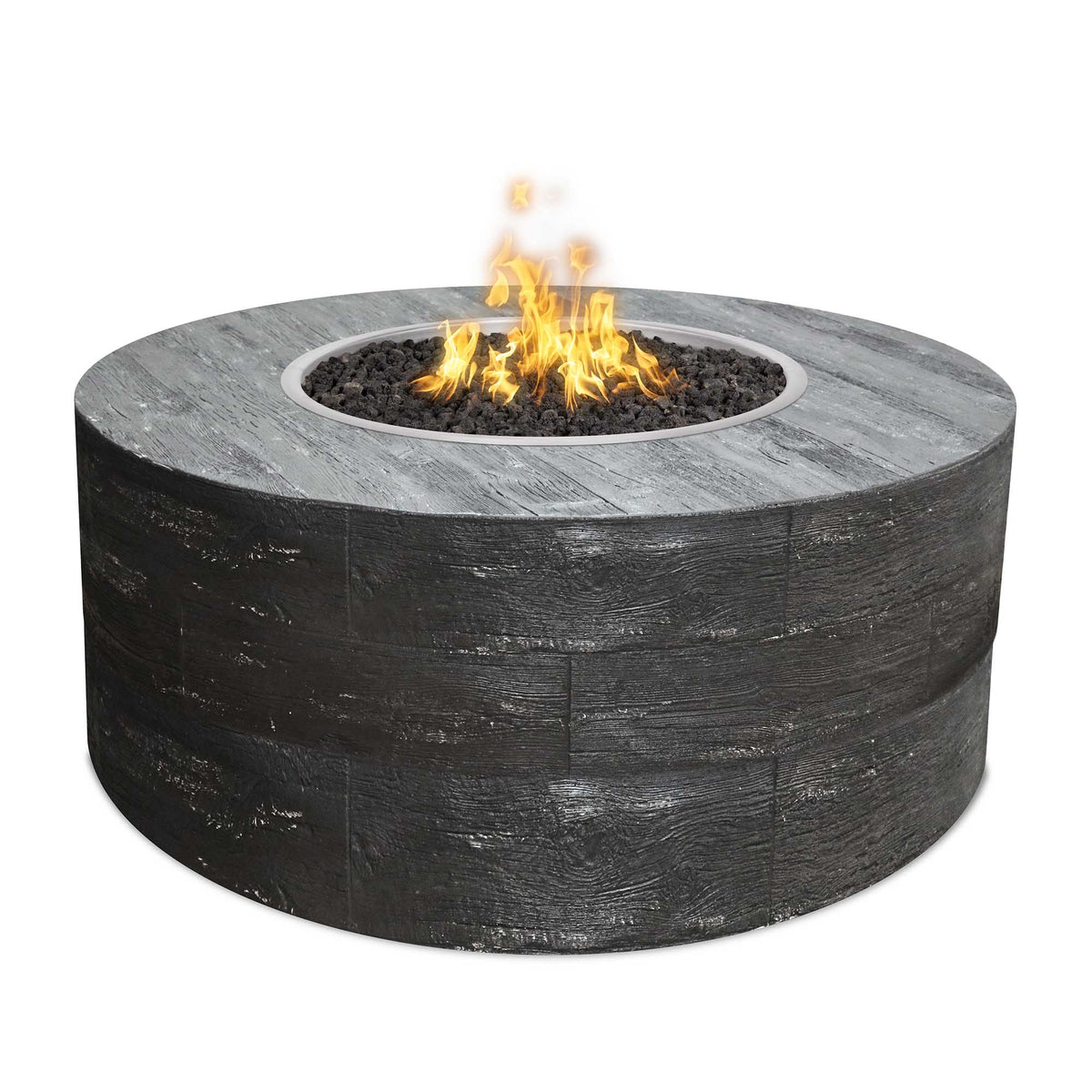 Sequoia 60 inch round 16 inch tall GFRC wood grain gas fire pit by The Outdoor Plus