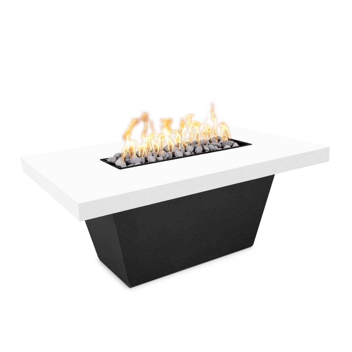 Tacoma 48 inch rectangular gas fire table with white GFRC top and black powder coat base by The Outdoor Plus