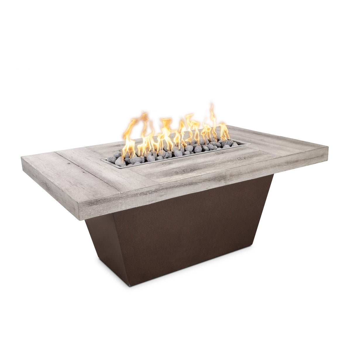 Tacoma 48 inch rectangular gas fire table with GFRC wood grain top and powder coat base by The Outdoor Plus