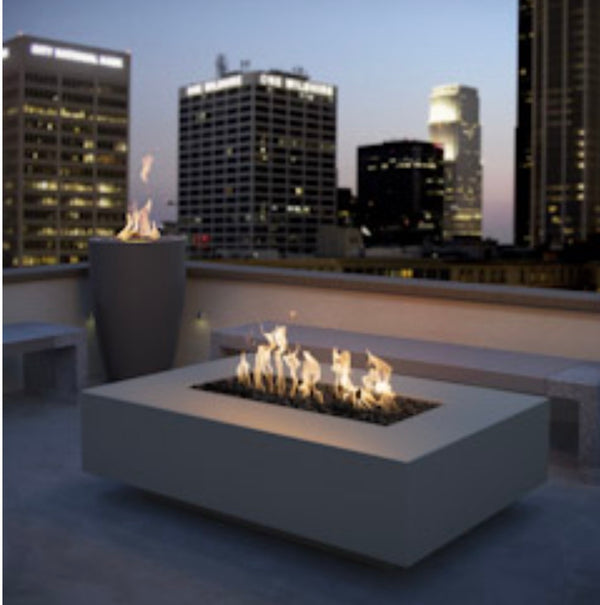Powder-coated rectangular gas fire table on a rooftop terrace