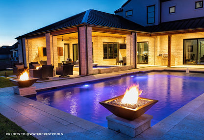 Maya GFRC fire bowl in chestnut finish outdoors