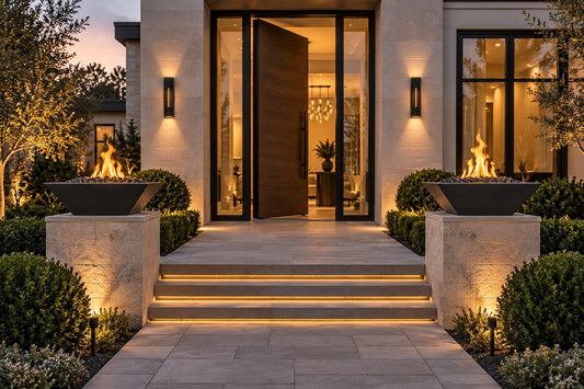 24" Maya Fire Bowl - GFRC Concrete by The Outdoor Plus, a pair on stone columns at a front entrance