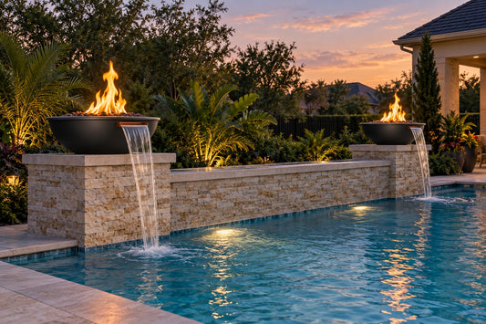 48" Sedona Fire & Water Bowl - Powder Coat by The Outdoor Plus, a pair on pillars pouring into a pool