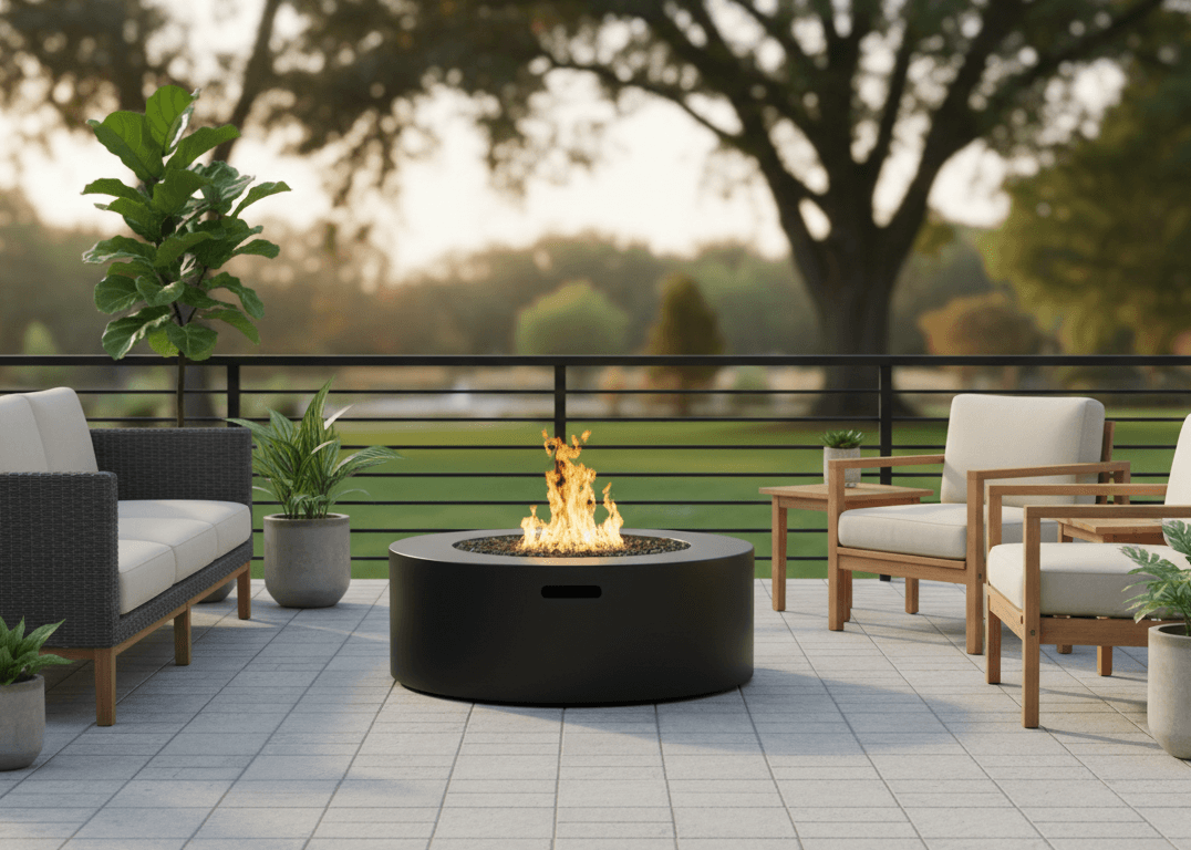 Outdoor patio with fire pit, chairs, and plants on a sunny day.