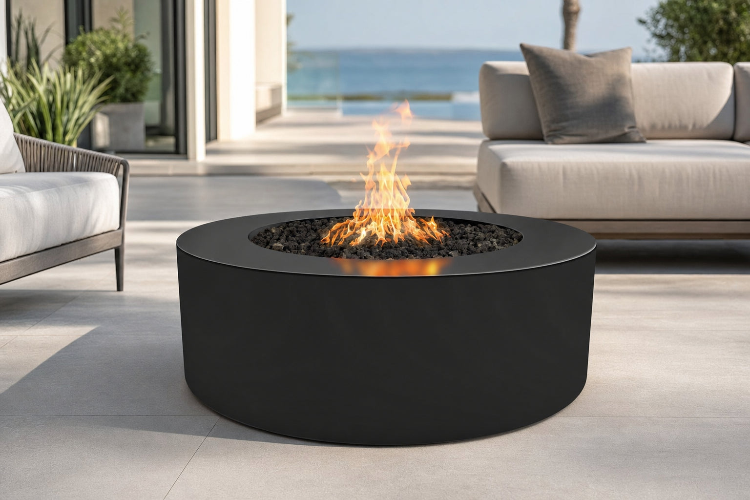 Unity Fire Pit - Powder Coat - 24" Tall - 60" - Matte Black Lifestyle
