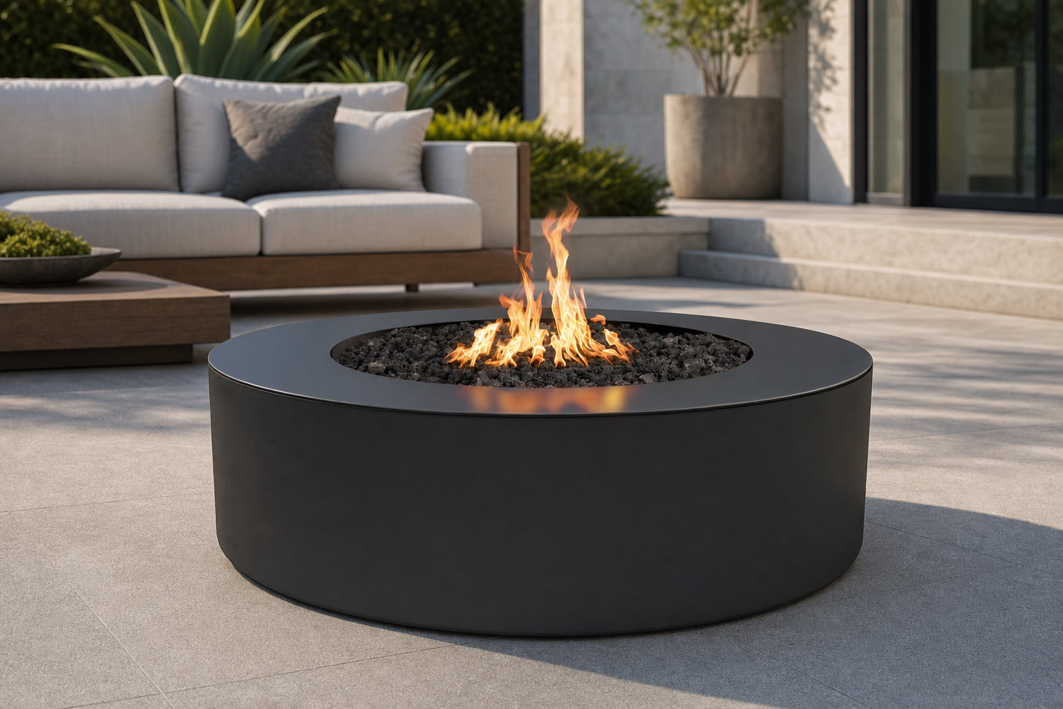 Unity Fire Pit - Powder Coat - 24" Tall - 72" - Gloss Black Lifestyle